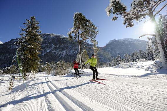 Garmisch steht für unter anderem auch für Wintersport. Hier kannst Du nicht nur Ski- oder Snowboard fahren sondern auch mit einem fantastischen Bergpanorama umgeben Langlaufen.